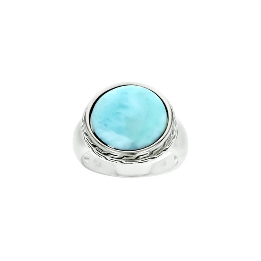925 Sterling Silver Larimar Round Shape w Pattern Frame Ring 5.21 gm
